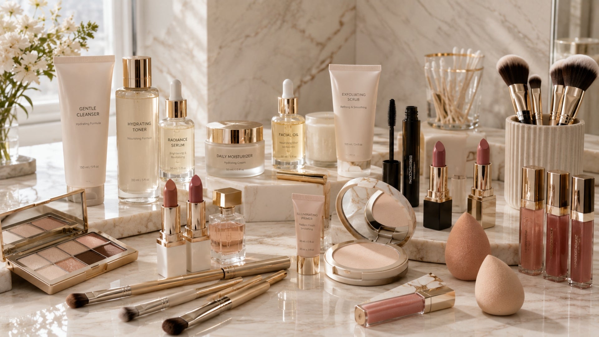 Cosmetic products including bottles, jars, and brushes on a marble surface with a mirror in the background.