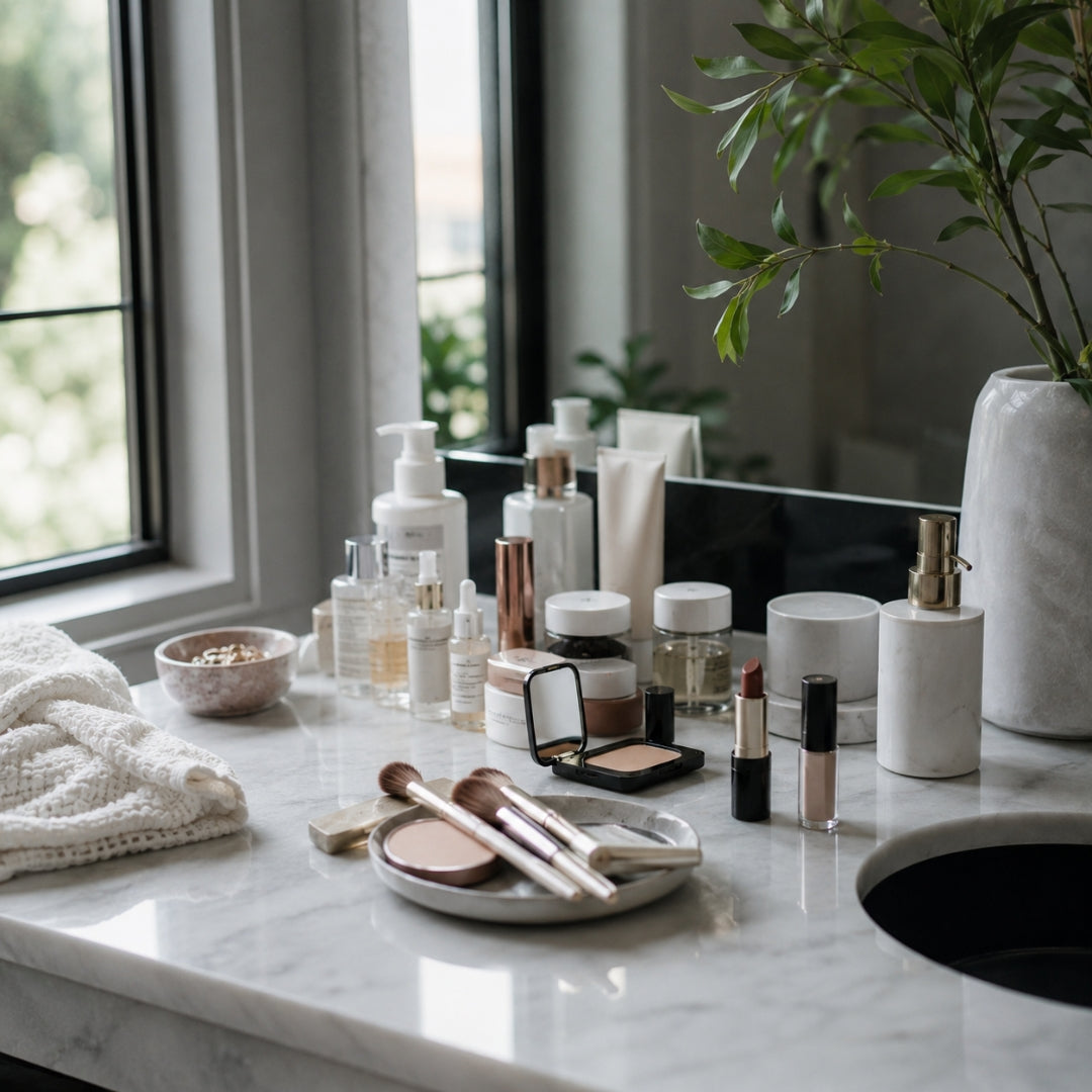 Cosmetic products on a marble countertop with a window and plant in the background