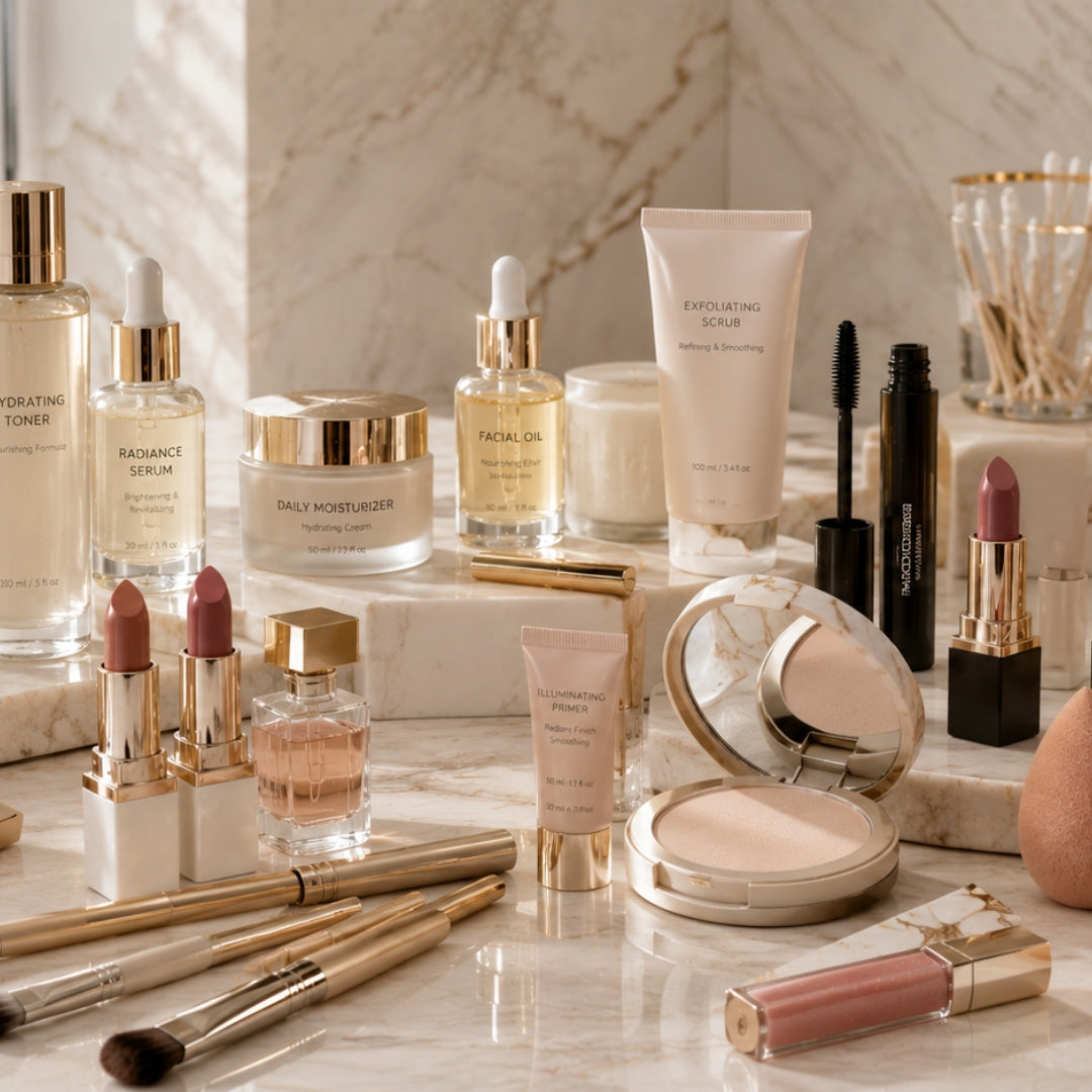 Cosmetic products including lipsticks, serums, and a compact on a marble surface.