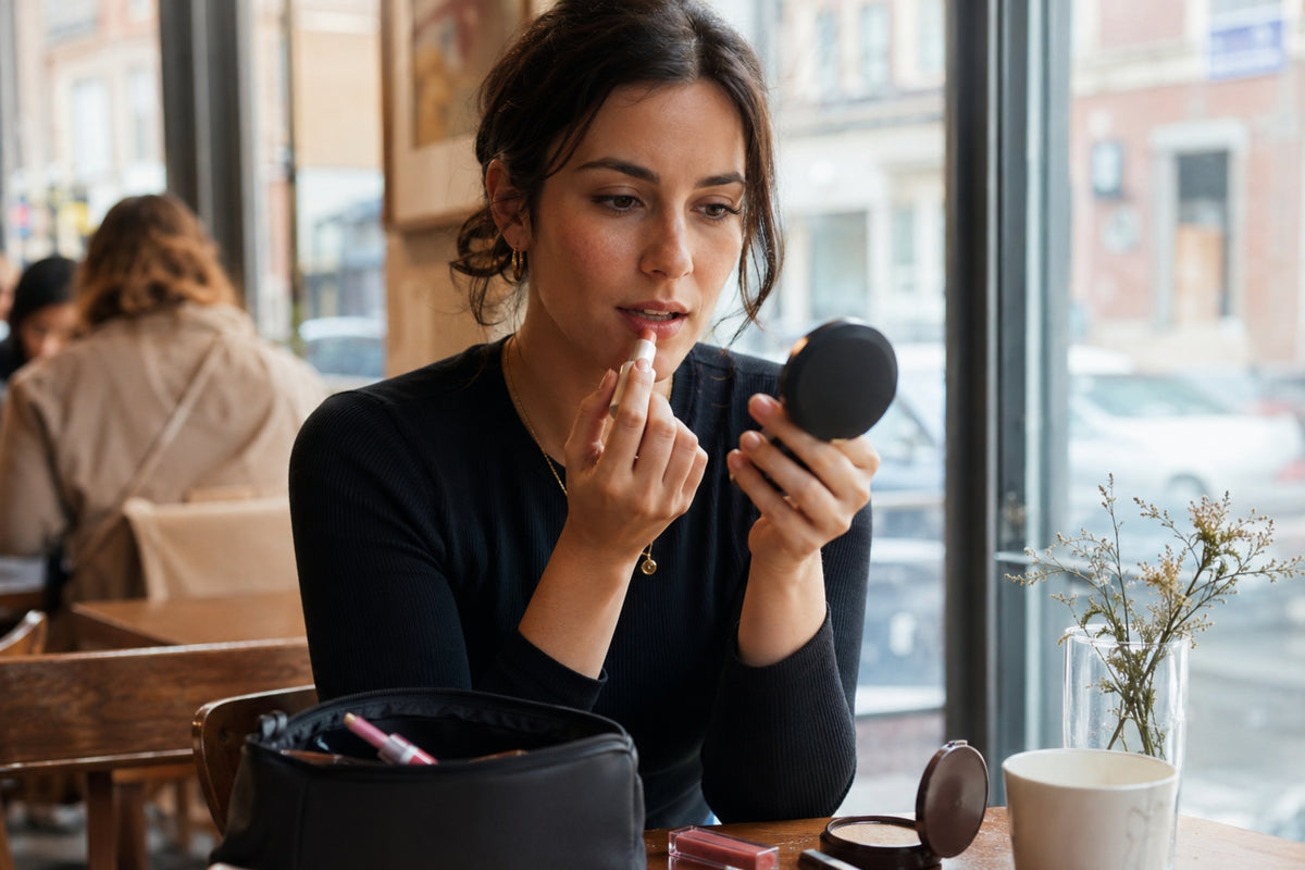 Woman applying lipstick in a cafe setting