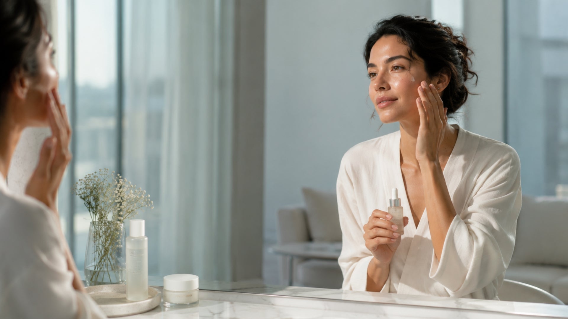 Woman applying skincare product in front of a mirror