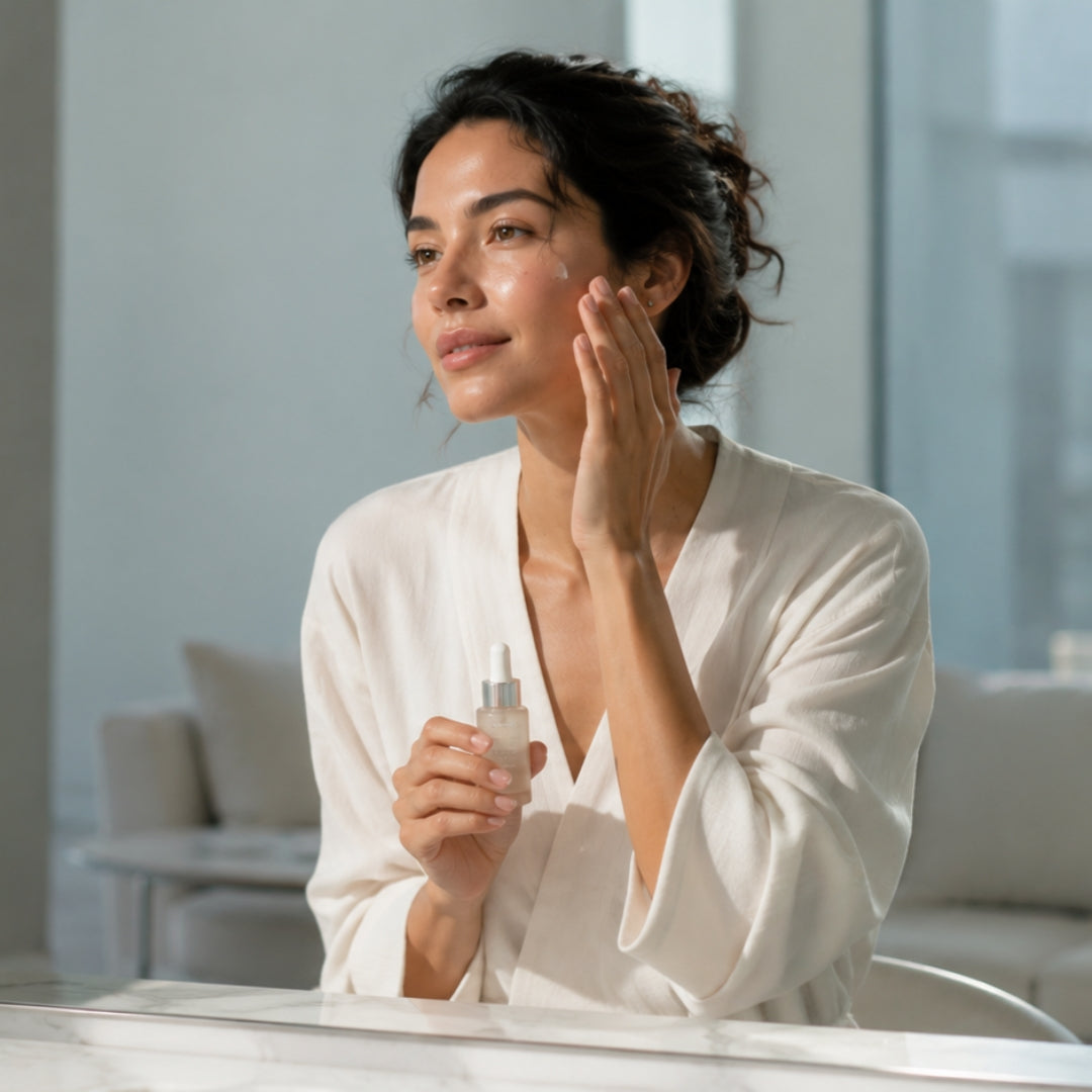 Woman applying skincare product in a modern bathroom