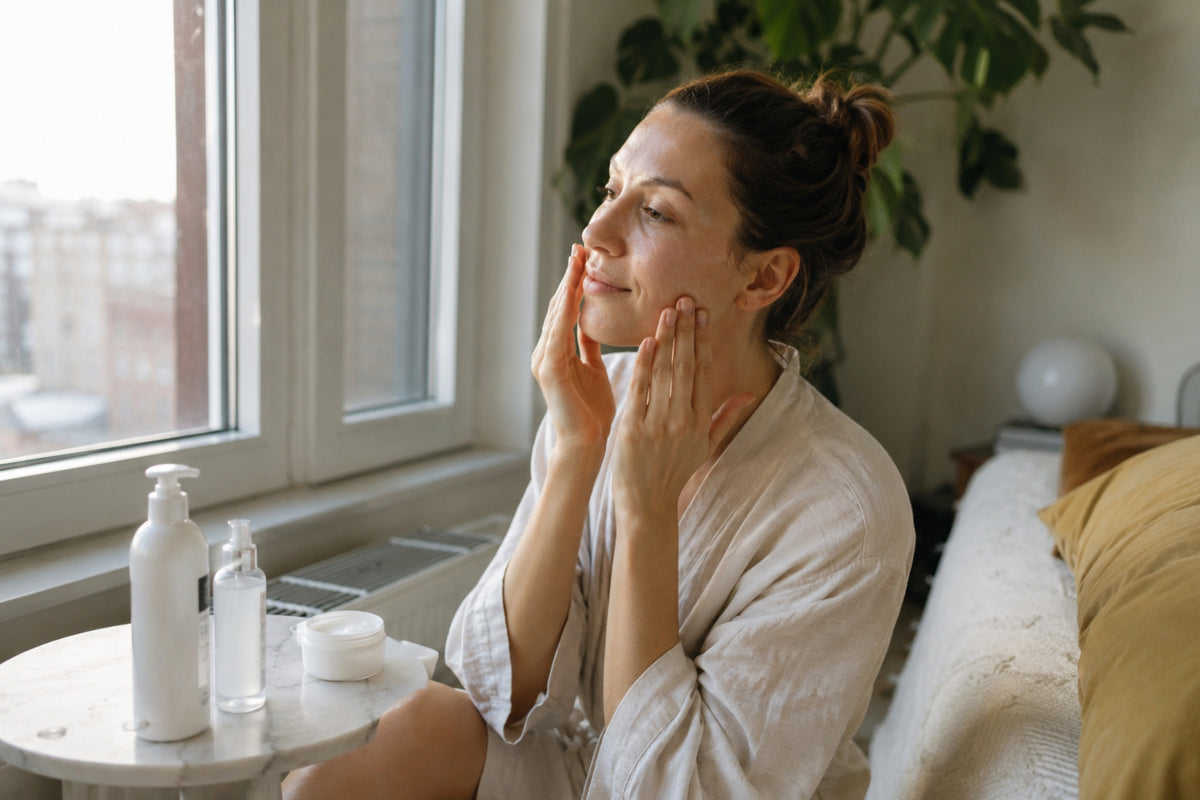 Woman applying skincare product in a cozy living room